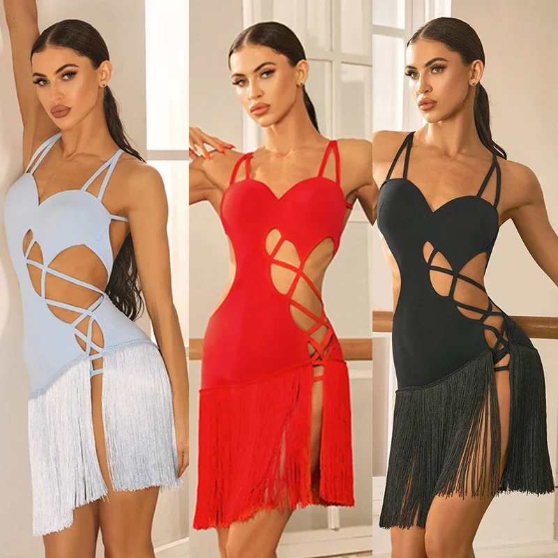 

New ZYM Latin Dance Dress Women Irregular Cross Sexy Fringe Dress Cha Cha Rumba Samba Dance Clothes Competition Clothing
