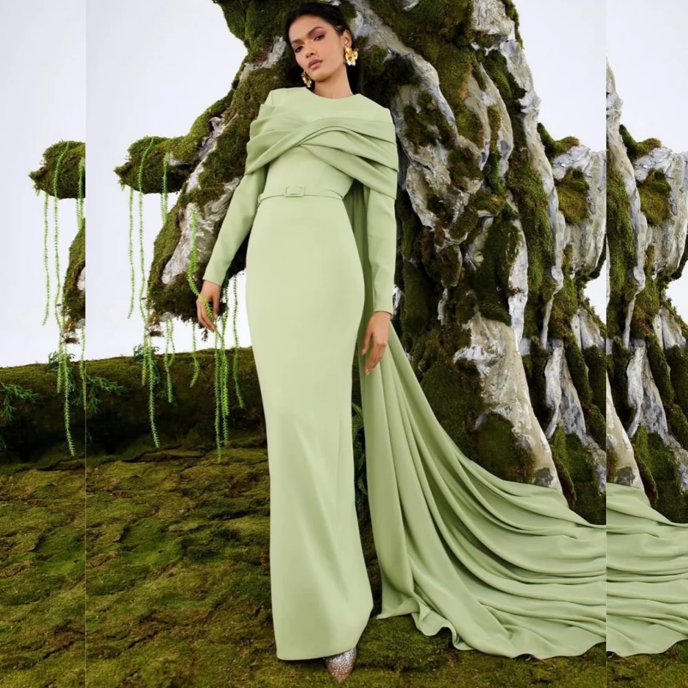 

Customized Chinese Style Jersey Sash Pleat Straight Scoop Neck Long Dresses Bespoke Occasion Classic Casual