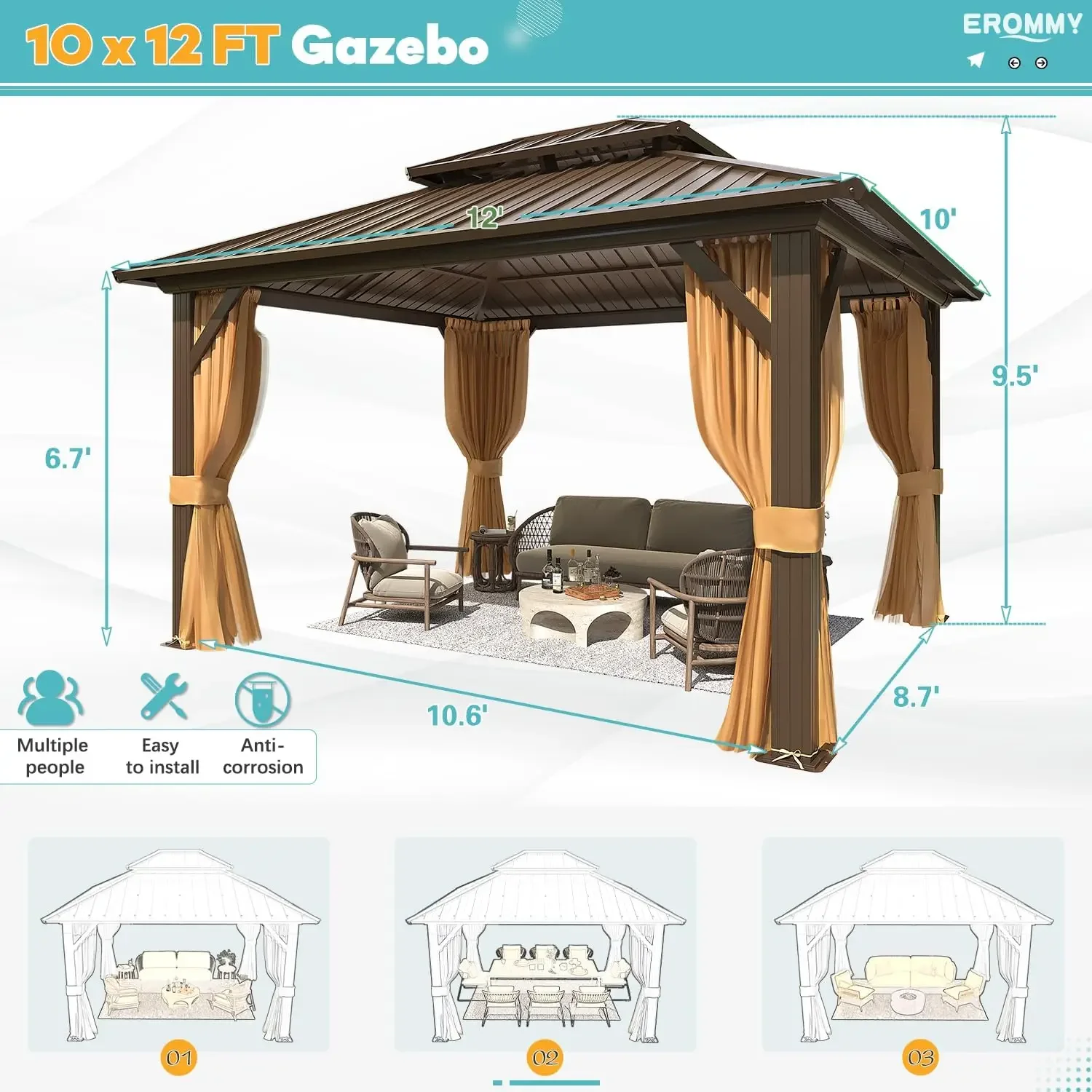 EROMMY 10'x12' Hardtop Gazebo, Galvanized Steel Double Roof, Aluminum Frame, Outdoor Pavilion, Curtain, Netting, for Patio, Lawn