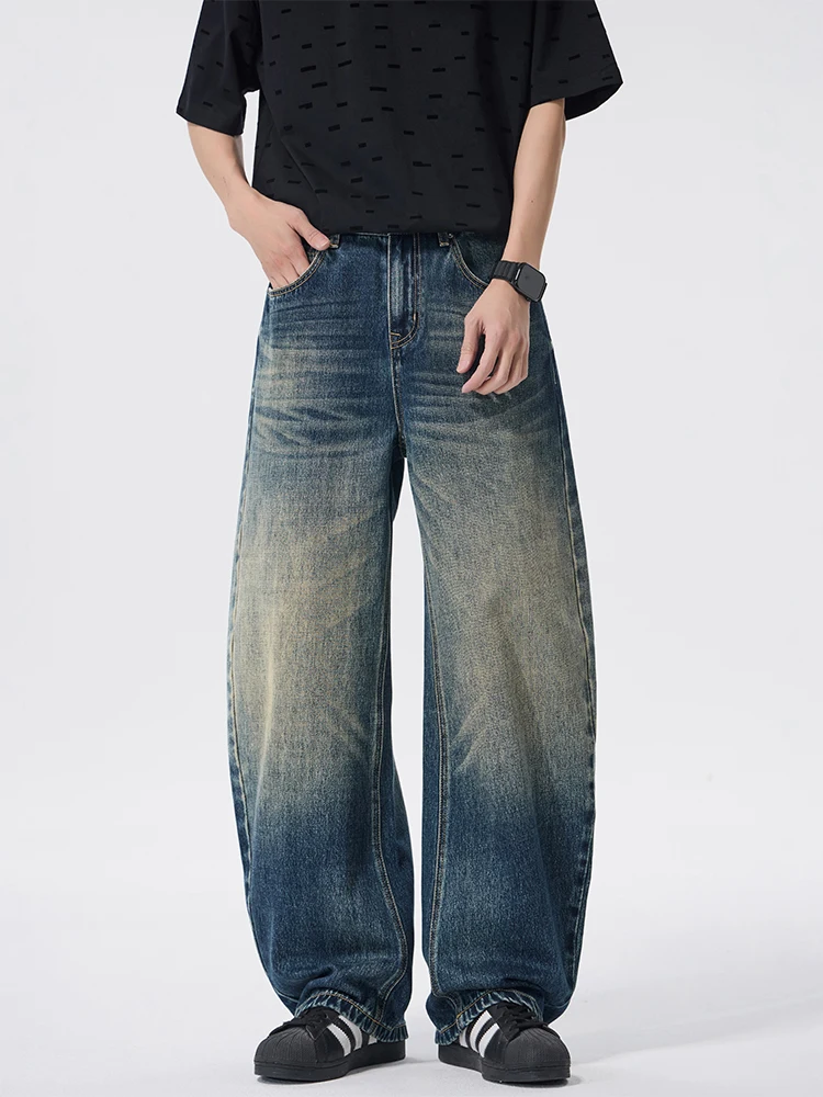 

KSTUN 2026 Vintage American High Street Curved Blade Jeans Men Baggy Washed Denim Trousers Loose Wide Leg Streetwear Pants