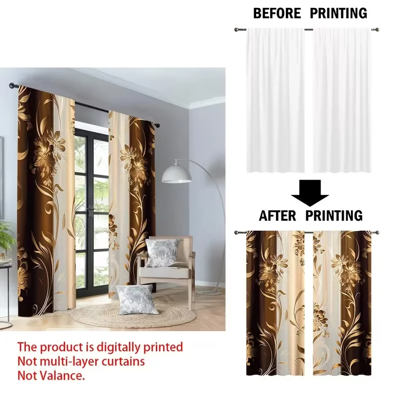 2PC Brown Gold Floral Stripe Sheer Curtains - Luxe Vintage Print Window Drapes for Living Room Bedroom Decor