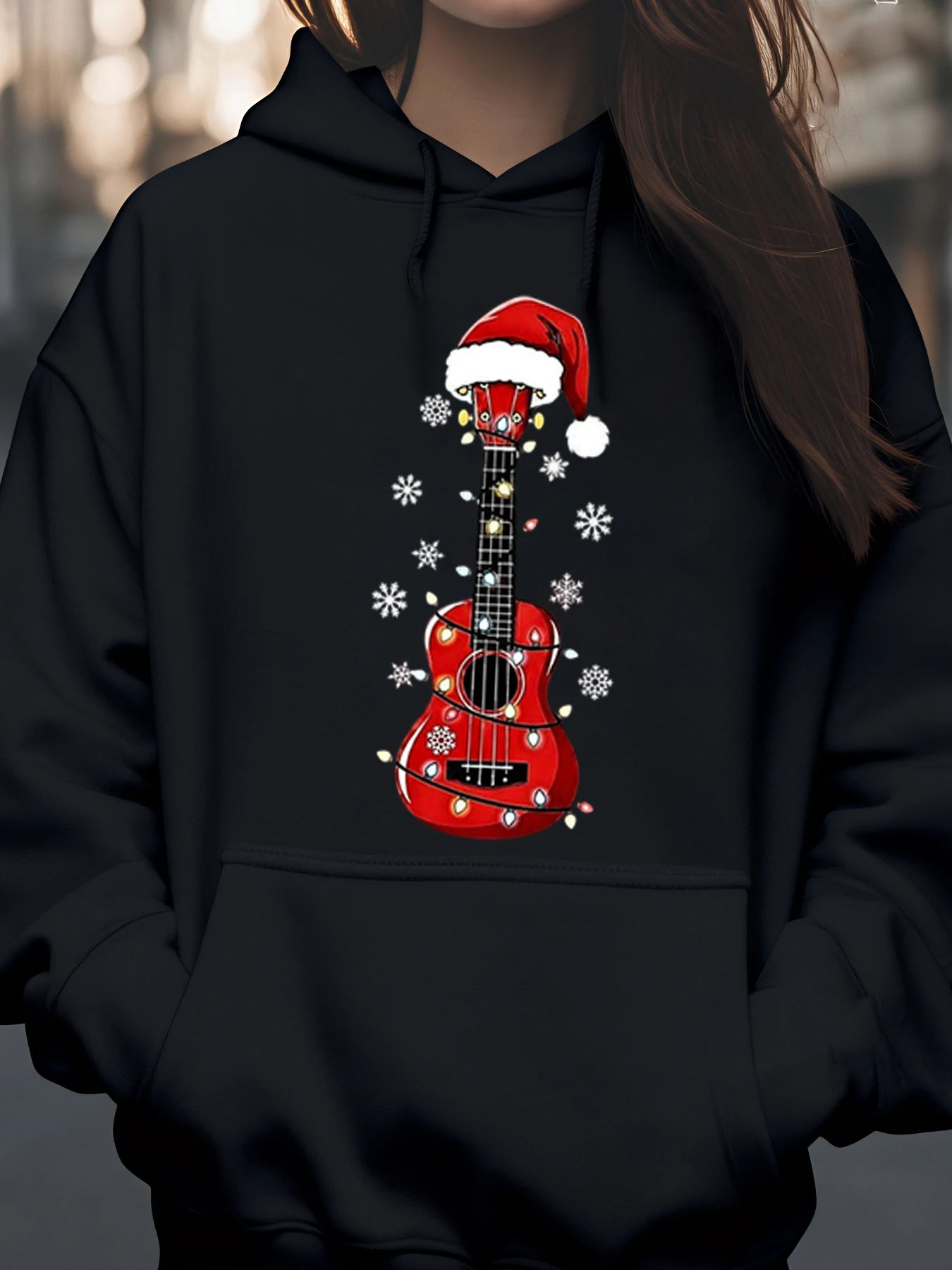 

Christmas Ukulele Print Hoodie Holiday Casual Wear Women's Sweatshirt