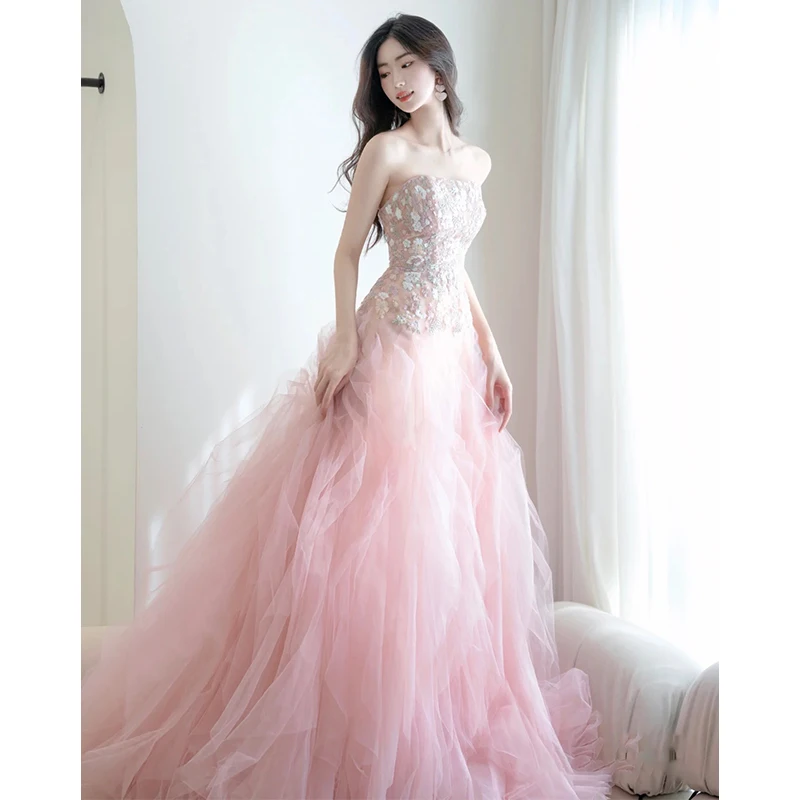 

Розовое бальное платье Ele для дня рождения, новинка лета 2023, пышное тюлевое платье на бретельках, вечернее платье в корейском стиле, с завышенной талией, длинная юбка