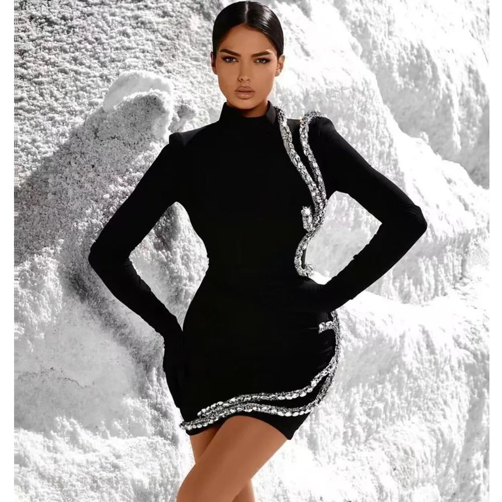 

Elegant Black Long Sleeve Bandage Dress Casual Slim Fit Party Dress Crystal Decorated Elastic Waist Knitted Fabric for Wedding