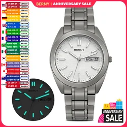 BERNY Full Titanium Men Watch Date Week Quartz Watches Calendar Sapphire Super Luminous 100M Waterproof Lightweight Wristwatch