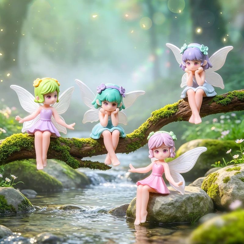 4-Piece Fairy Tale Flower Fairy Resin Figurine Set, Sitting Girl Miniature Craft, Suitable for Moss & Succulent Terrarium Landsc