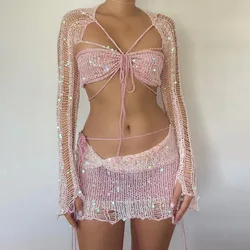 Knitted Skirt Sets Sequins Two Pieces Set Long Sleeve Crop Top and Skirt Suit Glitter Sets Sexy Crochet Matching Sets for Women