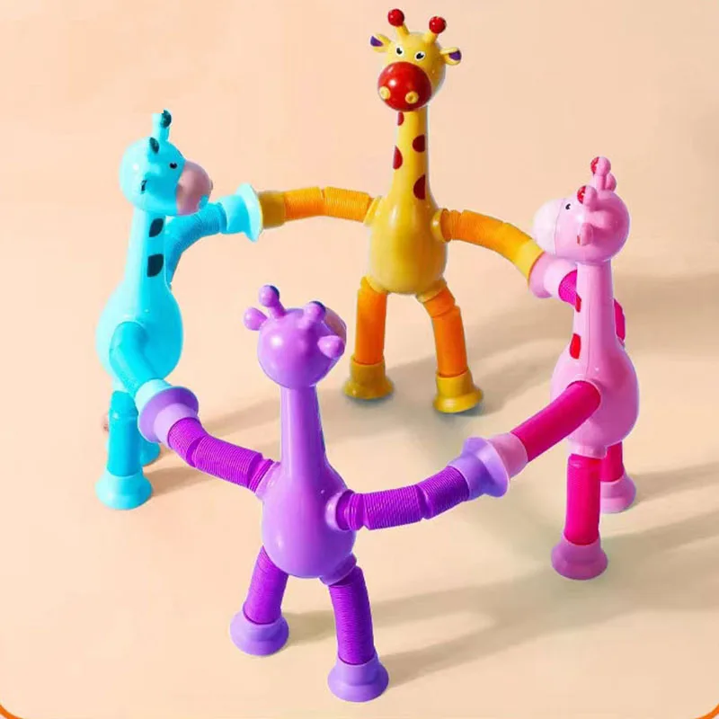 50pcs Cute Giraffe Robot Shape Pop Tube Sensory Fidget Poptube Twist Tubes Toy Stretch Telescopic Straw with Sucker