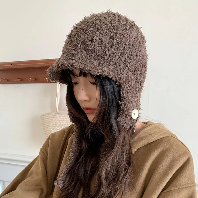 

Thick Warm Fuzzy Beanie for Women - Large Head Size Visor Hat with Ear Warmers, Cozy Winter Slouchy Knit Cap