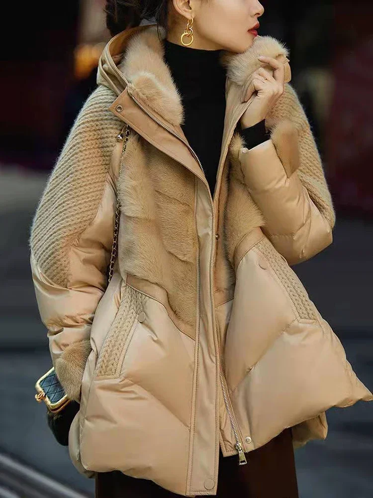 

Зимняя женская свободная пуховая куртка Parker с капюшоном, женская вязаная лоскутная теплая куртка 2025 года, женская хлопковая стеганая куртка, верхняя одежда