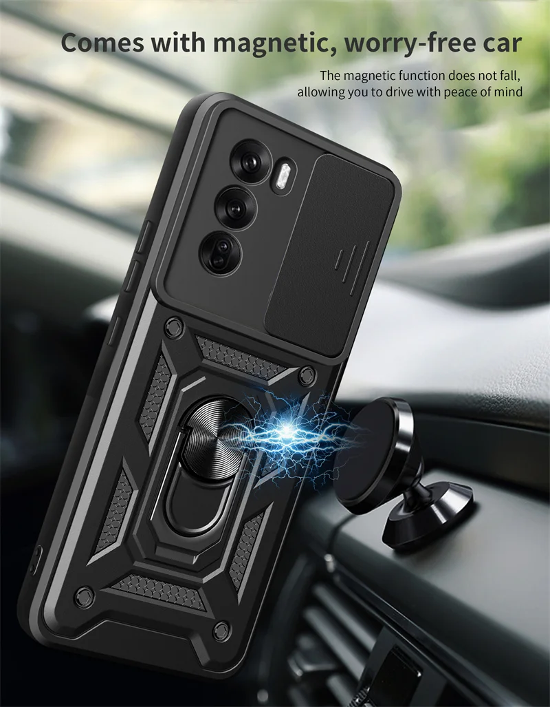 Shockproof Armor Phone Case For Oppo Reno 12 Pro Slide Camera Protect Funda For Reno 12 F 12F Reno12 Pro 5G Magnetic Ring Cover