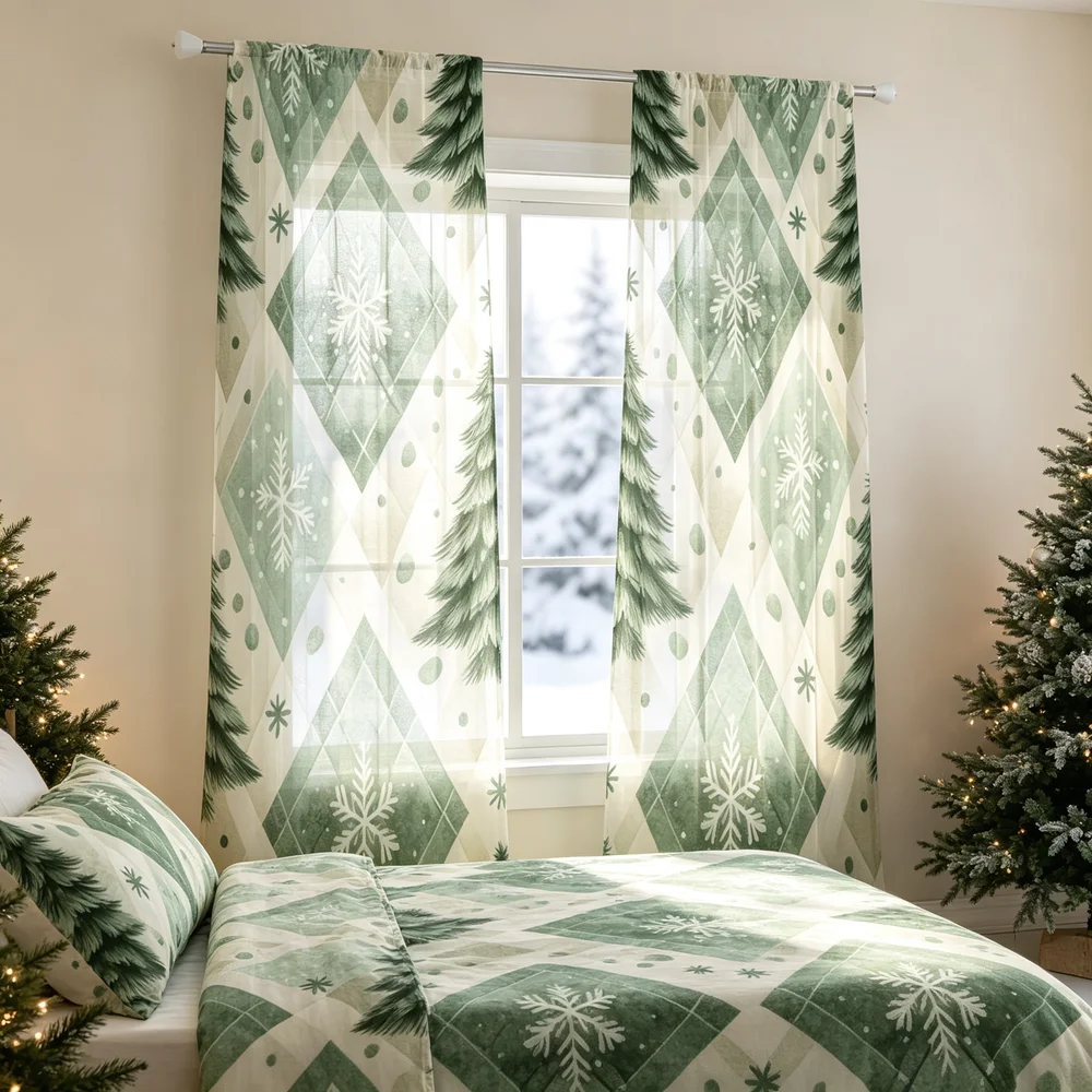 Curtain Rods - قطعتان من ستائر عيد الميلاد، بنقشة