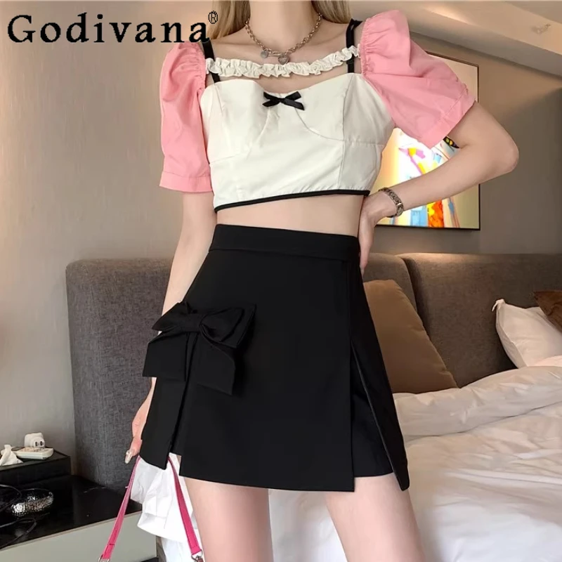 

Large Size Sweet Bow Temperament Split Skirt Girl Summer High Waist A-line Versatile Fashion Age-reducing Short Korean Pantskirt