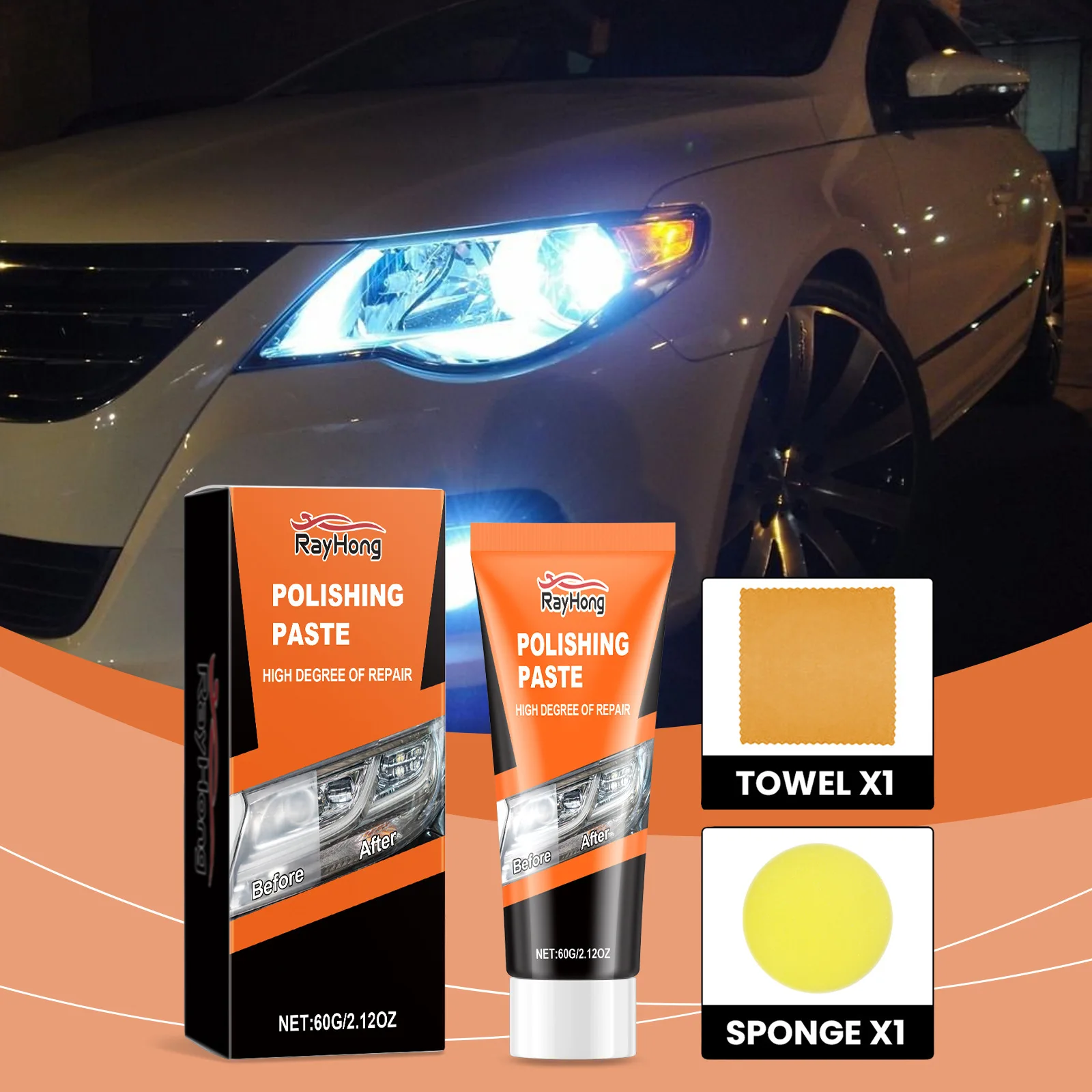 60ml Headlight Restoration Kit - Car Light Polish Cleaner, Helps Remove Yellowing & Restore Clarity Easy DIY Refurbishing Paste