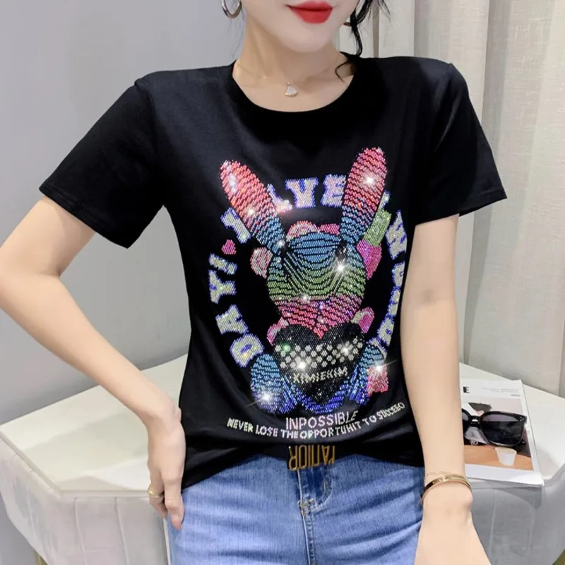 

#5112 Black White Green Short Sleeve T Shirt Women Cartoon Diamonds Sexy Skinny Streetwear Tee O-neck Slim Elastic Cotton