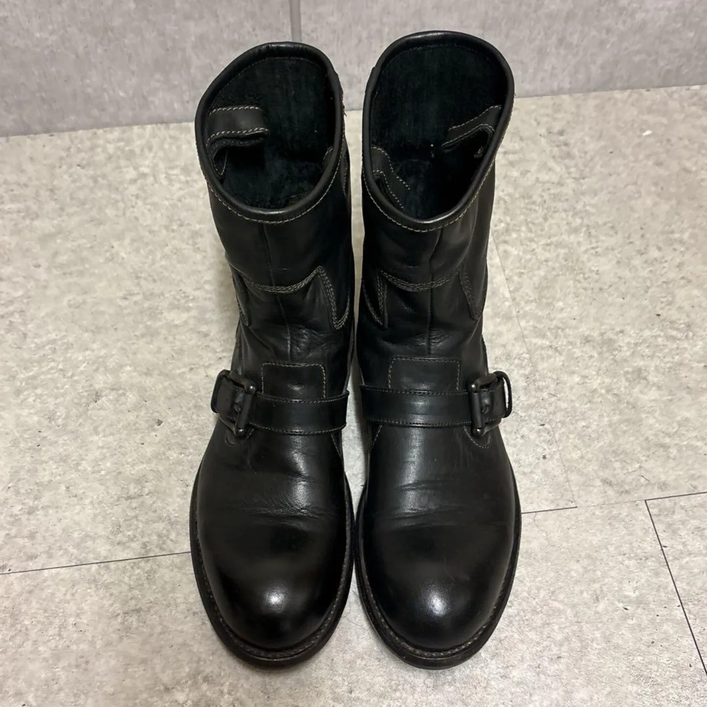 Mens Vintage Washed Distressed Leather Biker Ankle Boots Round Toe Single Buckle Strap Pull On Low Block Heel Casual Streetwear