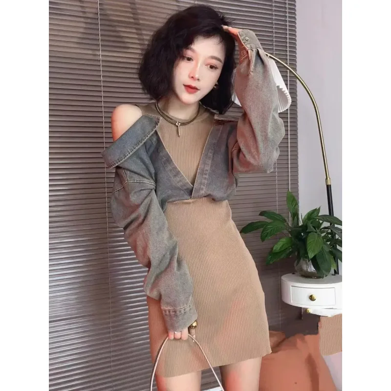 Dames nieuwe herfstrok woon-werkverkeer lichte luxe herfstjurk korte bovenkleding jonge splitsing off-the-shoulder prachtige vrije tijd