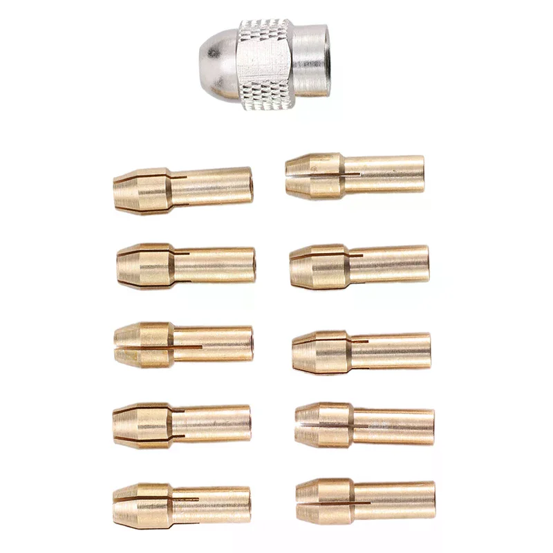 

11 шт./лот, мини-дрель, латунный цанговый патрон для вращающегося инструмента 0,5-3,2 мм, набор аксессуаров из латуни и гайки