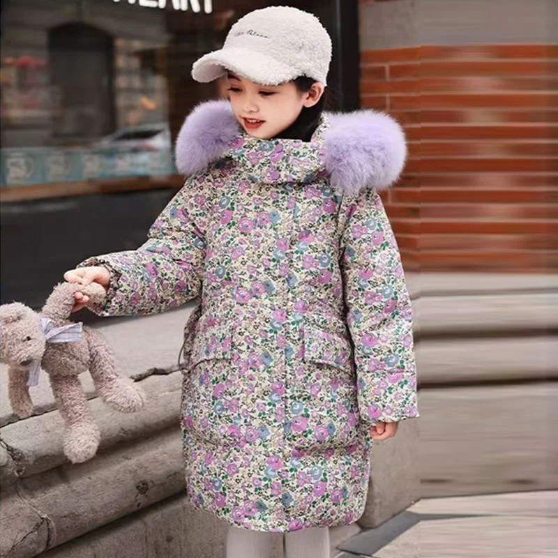 Girls Long Down Jackets Children's Winter Thickened Floral Warm Coats Kids Hooded Fur Collar Cotton Outerwear Teenager Clothing