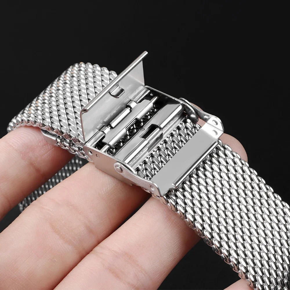 Milanese Mesh Pulseira, Aço Inoxidável, Folding Buckle, Assista Bandas, Strap Bracelet, 3 Thick Tubarão, 1.0mm, 18mm, 20mm, 22mm, 24mm