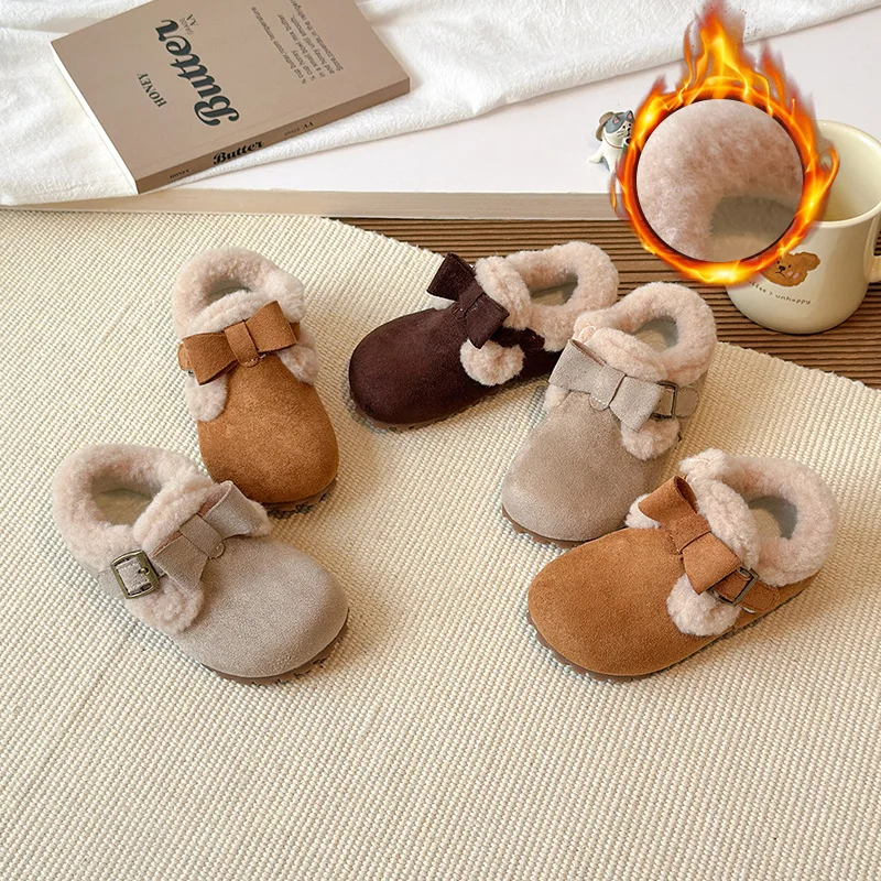 

Теплые милые детские мокасины принцессы на плоской подошве для девочек, простые банты, 2025 г., зимние детские ботинки принцессы, нескользящая подошва с круглым носком