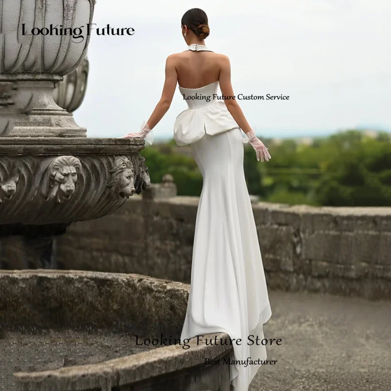 Simple Mermaid White Wedding Dresses Sexy Halter Neck Sleeveless Beach Backless Deep V-Neck Flowers Wedding Bridal Customized