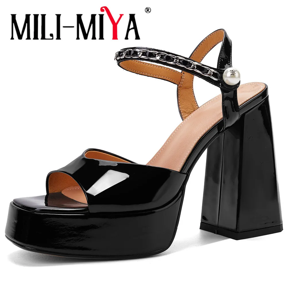 

MILI-MIYA/женские сандалии из натуральной кожи с открытым носком, на платформе, на массивном высоком каблуке, с металлической цепочкой и ремешком на щиколотке, вечерние танцевальные туфли с пряжкой