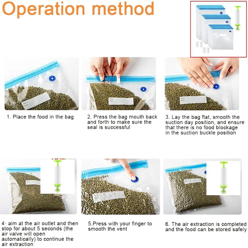 Wieder verwendbare Vakuum-Lebensmittel aufbewahrung beutel mit 40 Packungen, 3 Vakuum-Lebensmittel beutel, 1 Handpumpe, 4 Dichtung clips