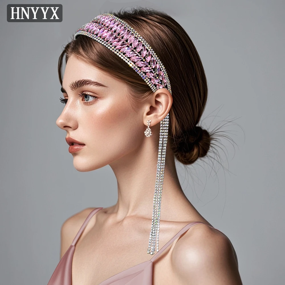 HNYYX Crystal Headbands Boho Hair Hoop Luxurious Rhinestones Sponge Hairbands Women Hair Accessories Pink Wide Headdress A239