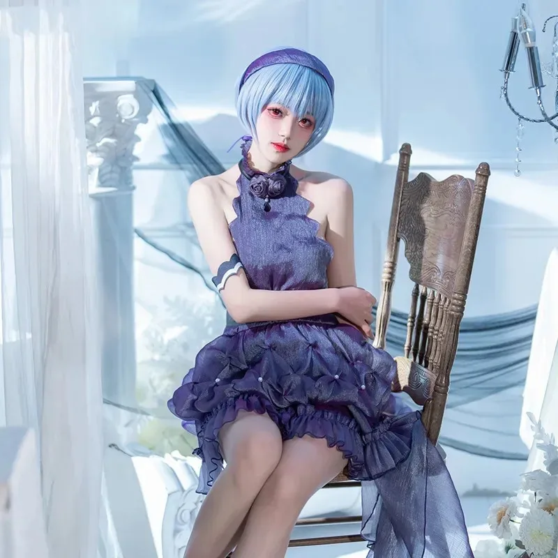 Disfraces de Cosplay de Anime Ayanami Rei, vestidos morados de Lolita, conjunto completo de uniformes de flores, vestido de fiesta de Carnaval de EVA para mujer Up6;