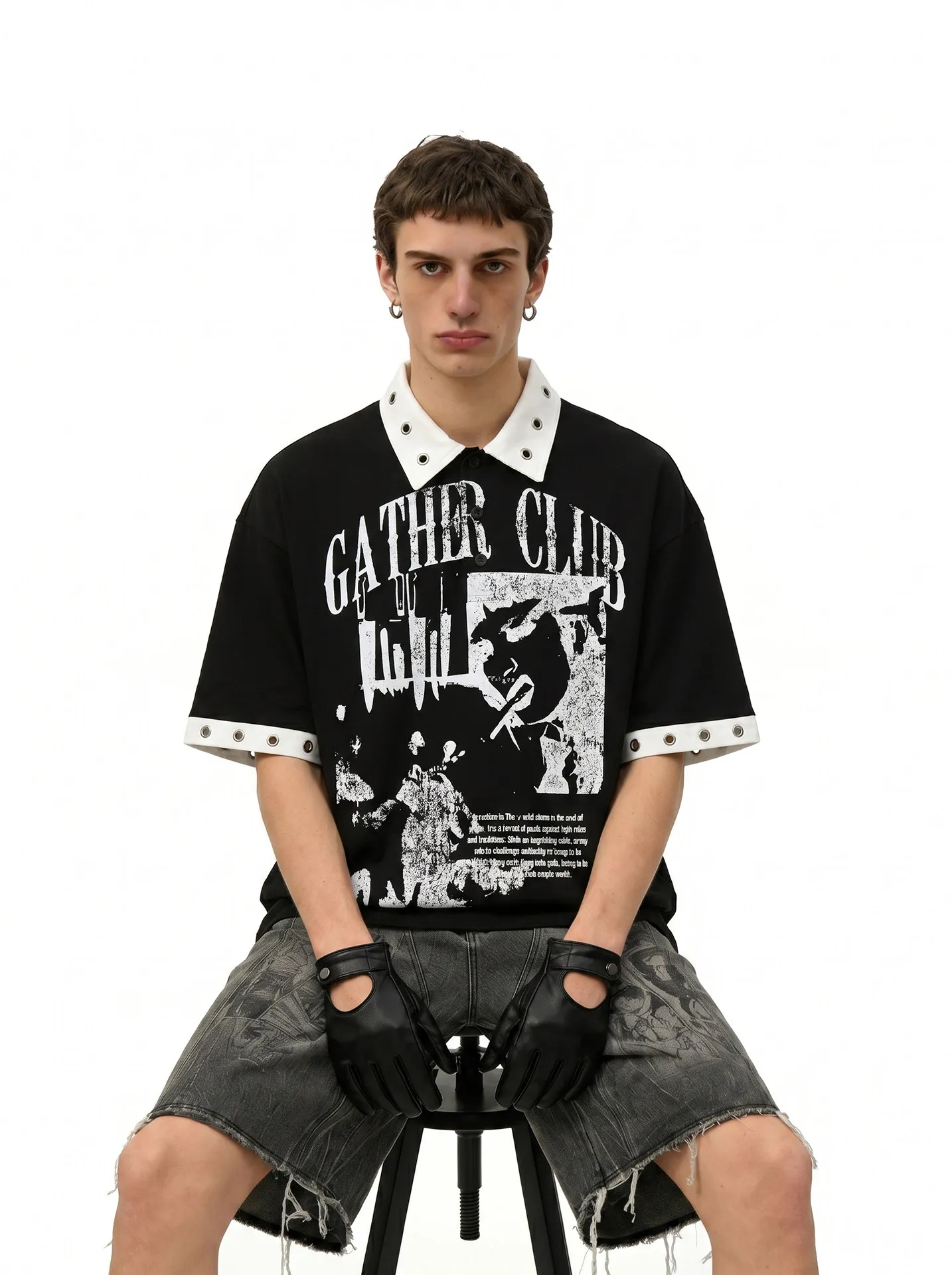 2026 Summer Men's Vintage Figure Print T Shirt Contrast Polo Collar Short Sleeve Eyelet Rivet High Street Casual Oversized Top