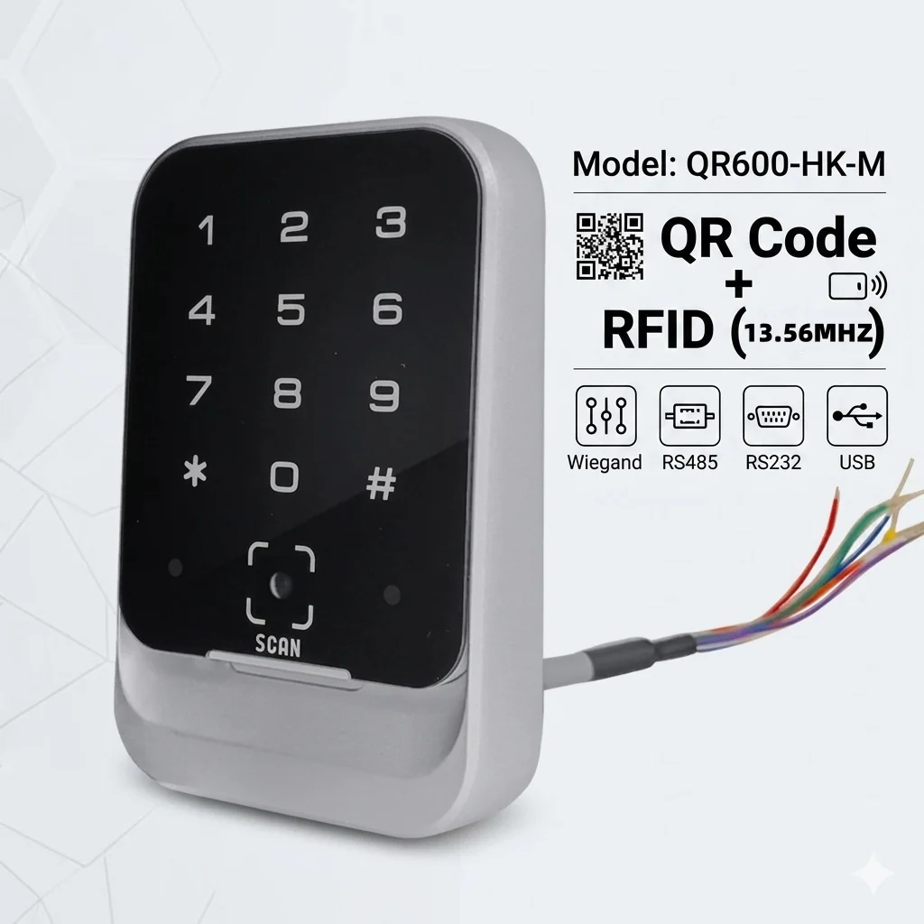 

QR600-HK-M QR Code Reader RFID IC Access Control Reader Wiegand 26/34 RS485 RS232 QR Code Scanner for Turnstile Elevator Access