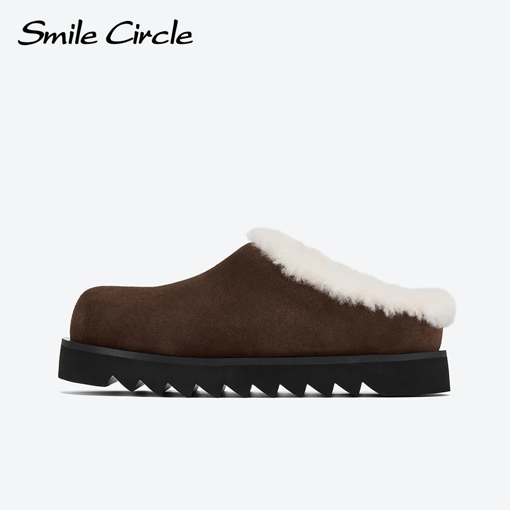 Smile Circle Women Slippers Suede Leather Wool Winter Shoes Fashion Warming fur Casual Outdoor Slippers