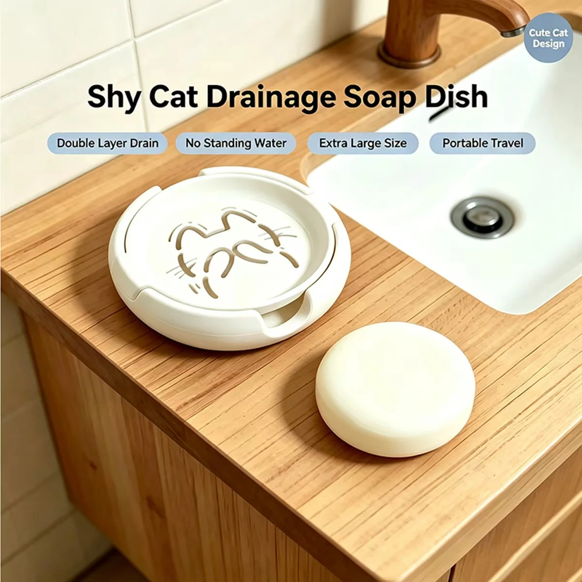 3D White Shy Cat Double-Layer Draining Soap Dish, Large Round Soap Tray That Doesn'T Accumulate Water, Creative Cartoon Soap Storage Dish for Bathroom Sink
