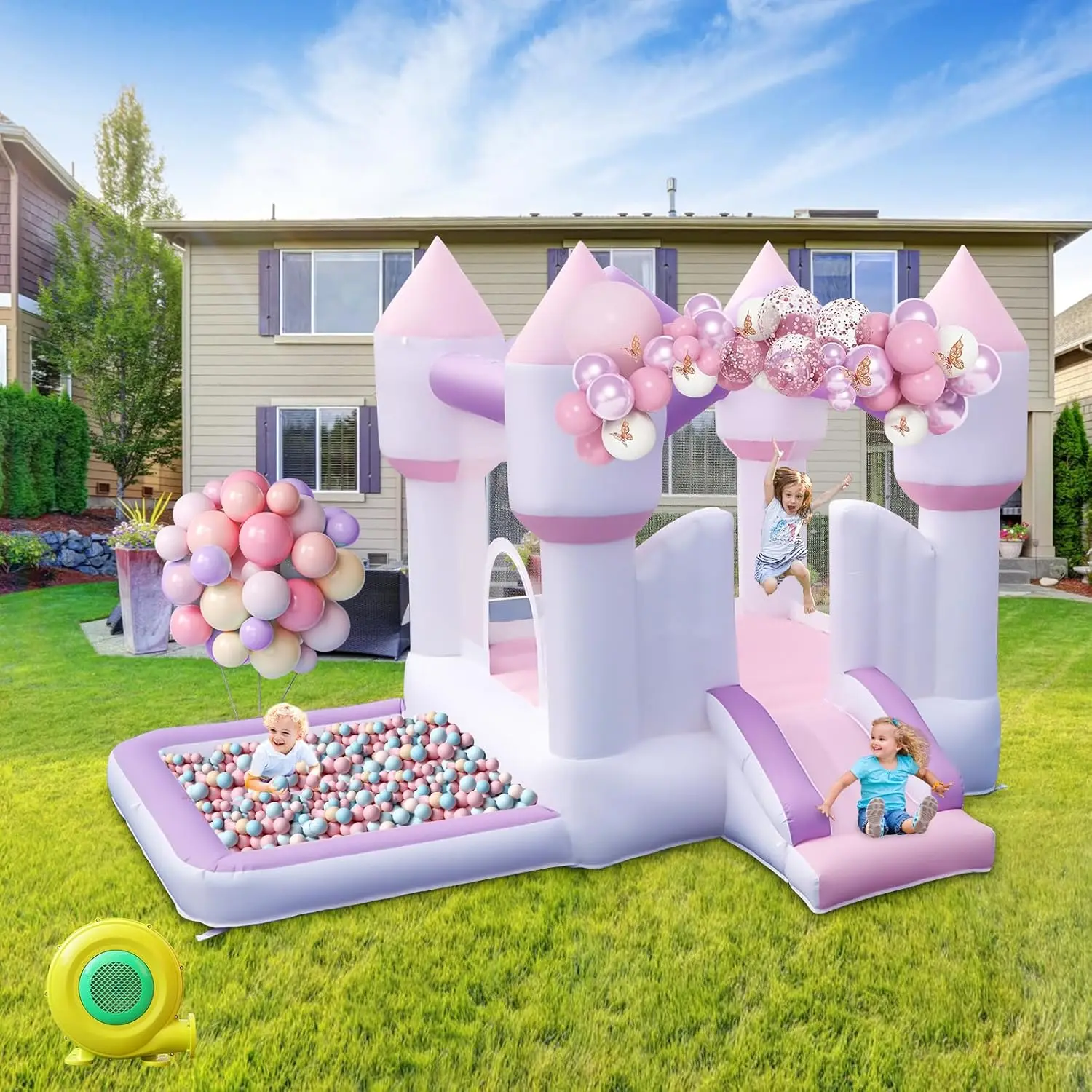 Inflatable Bounce House for Kids, White Bounce House with Slide, Jumping Bouncy Castle for Kids Birthday Party, Wedding, Backyar