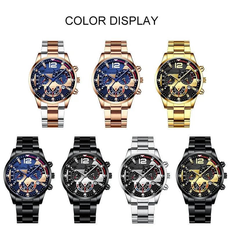 Fashion Men‘s Business Watches Casual Stainless Steel Quartz Wristwatch Men Gold Necklace Bracelet Wrist Watch montres hommes