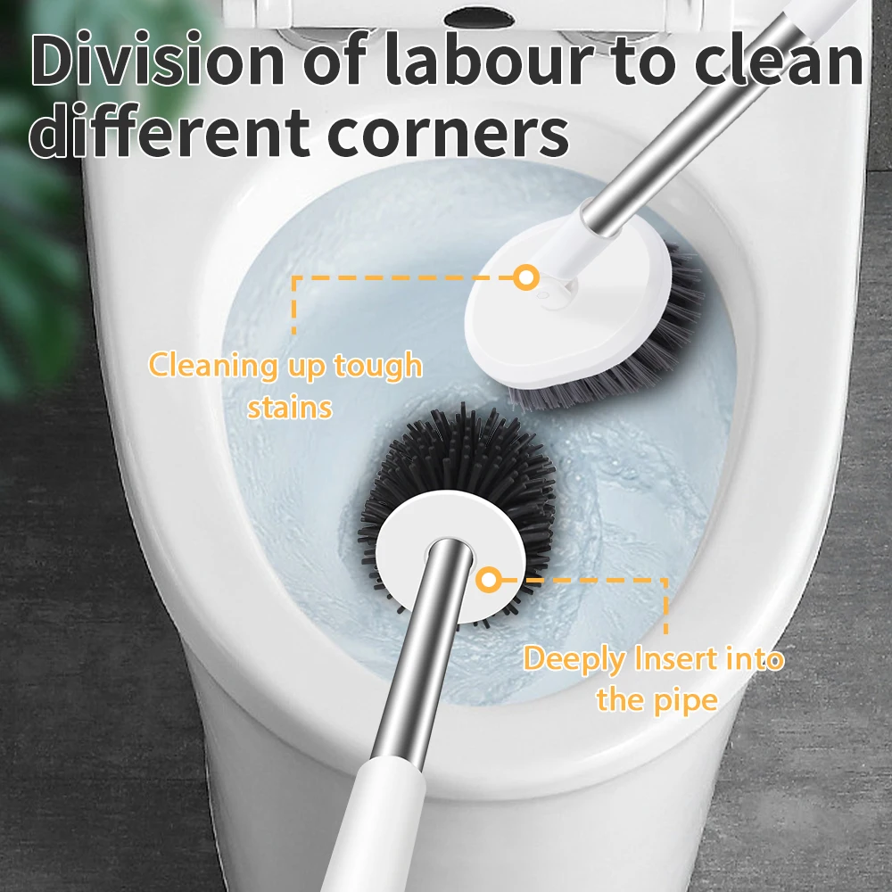 2 IN 1 Soft Bristle and Silicone TPR Toilet Brush 40cm Long Handle Toilet Brush Wall-mounted Bathroom Cleaning Accessories Set