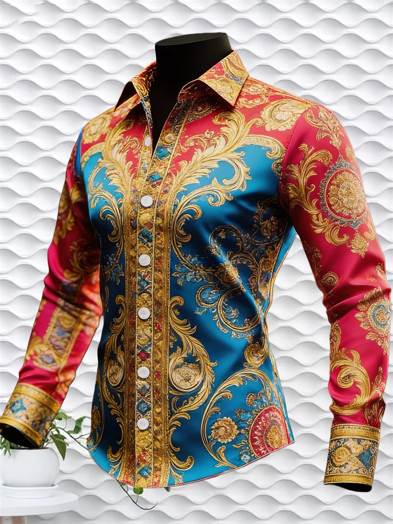 New men's long sleeved shirt with 3D printed lapel button dual color pattern shirt casual top men's long sleeved top