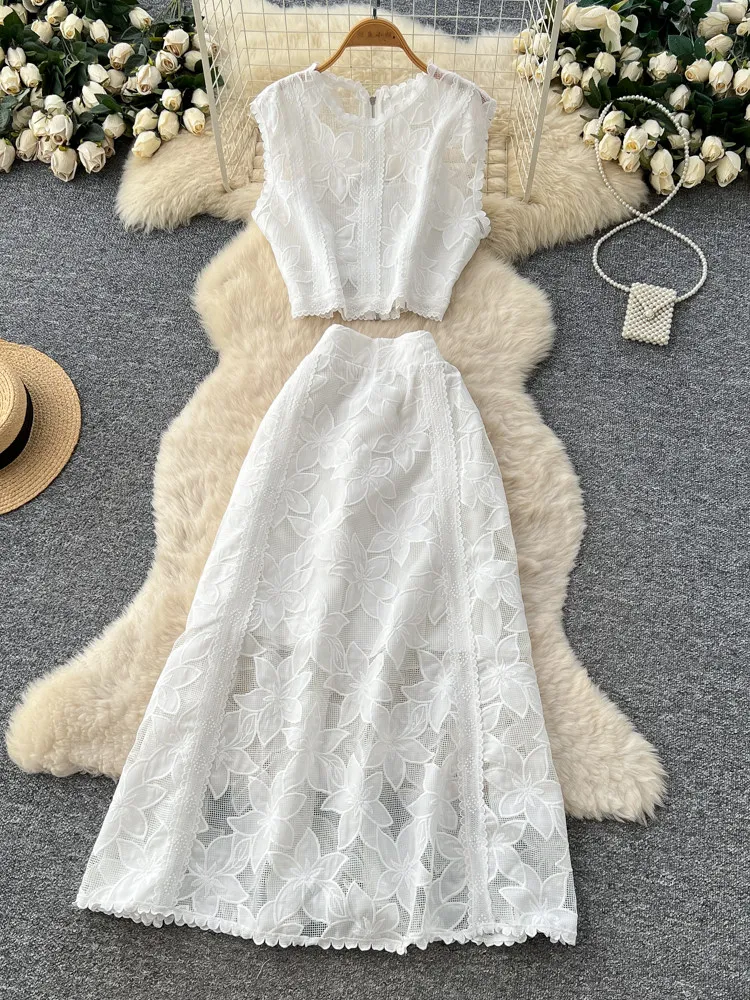 French style two-piece set women's high-end design sense hollowed out lace embroidery sleeveless short top+high waisted skirt