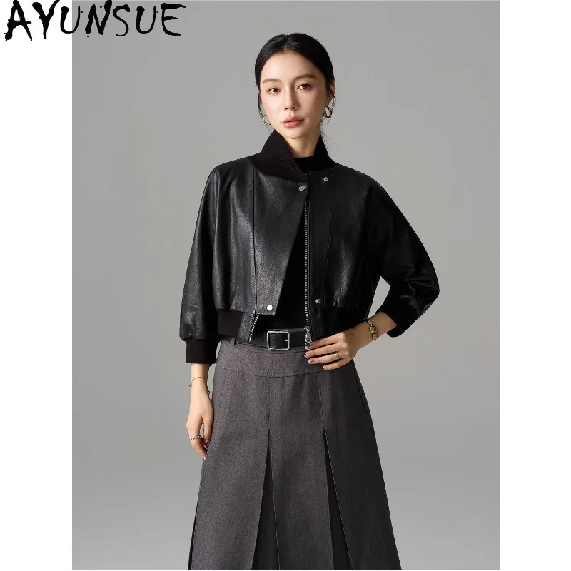 AYUNSUE Real Leather Jackets for Woman 2026 Short Fashion Long Sleeve Tops Woman Luxury Black Commute Outerwear Woman Clothes 코트