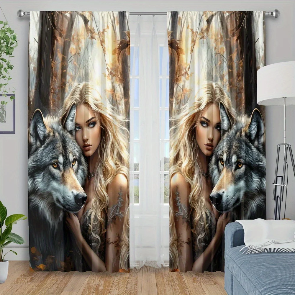 3D Wolf Curtains with Blonde Woman, Fantasy Animal Print Window Drapes, Forest Theme Decor for Living Room & Bedroom