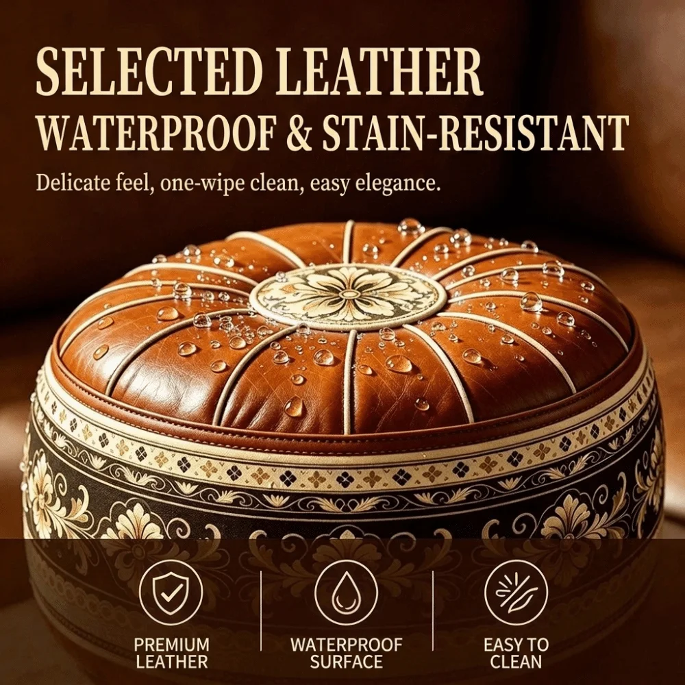 New PU Leather Fillable Ottoman Pouf Embroidered Pattern Moroccan Style Round Pouf Cover Round Shape Storage Ottoman Living Room