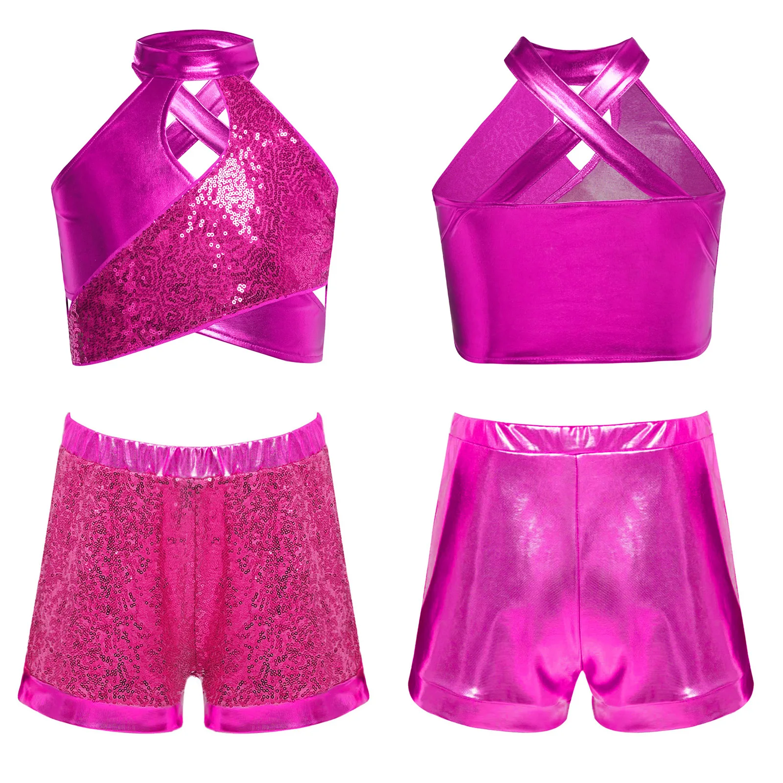 

Kids Girls Hip-hop Jazz Dance Outfit Cross Keyhole Shiny Sequins Metallic Tank Crop Top+Shorts/Skirt Ballroom Ballet Streetwear