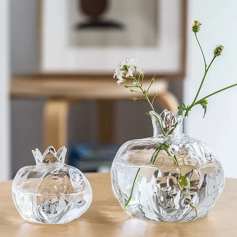 1PC Mini Vase Ornaments Pomegranate Glass Modeling Creative Living Room Transparent Flowers Hydroponic Flower Arrangement Device