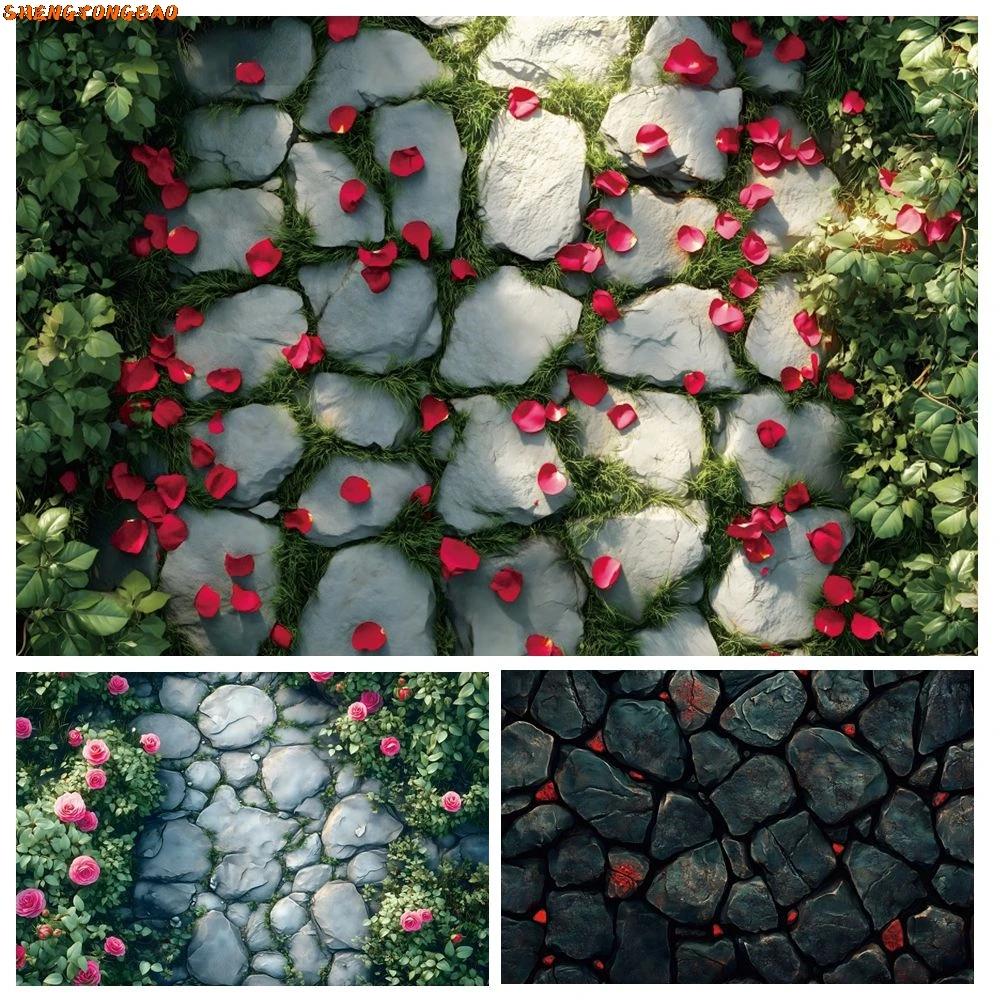 Fondo de camino de piedra, flores, suelo de piedra, fiesta del Día de San Valentín, ceremonia de boda, decoración de fondo de fotografía de cumpleaños para bebés y niños