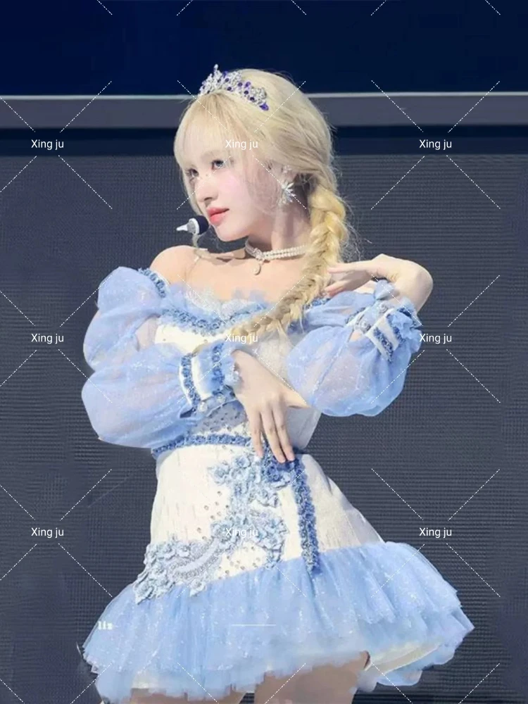 Kpop Damska Grupa Letnia Nowa Impreza Biała Słodka Bez Ramiączek Księżniczka Krótka Sukienka Jazz Dance Show Kostiumy Sceniczne Wakacje Rave Wear