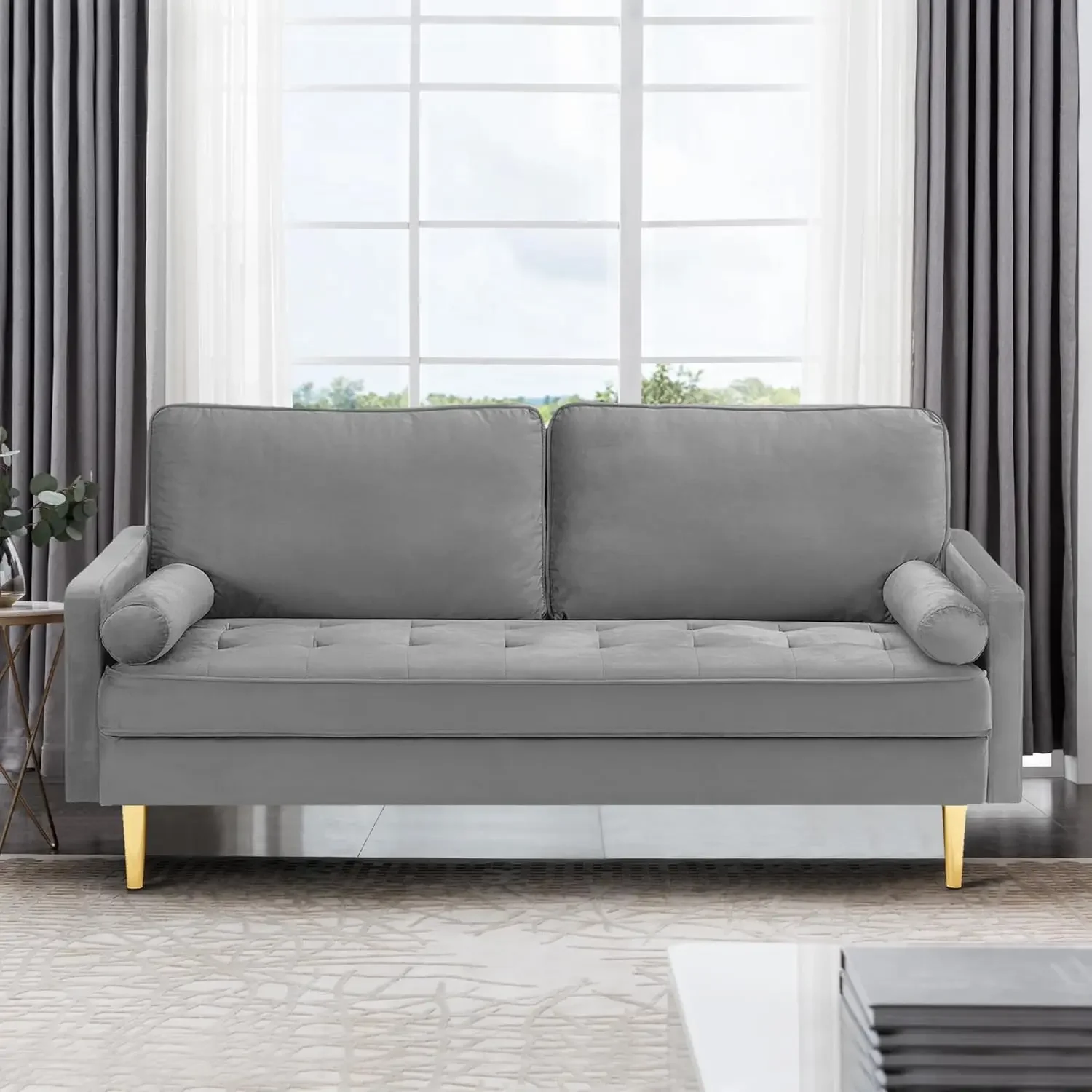 

67" Modern Velvet Loveseat Sofa Couch, Mid-Century Tufted Upholstered Small Love Seat Couch with 2 Pillows & 4 Golden Legs