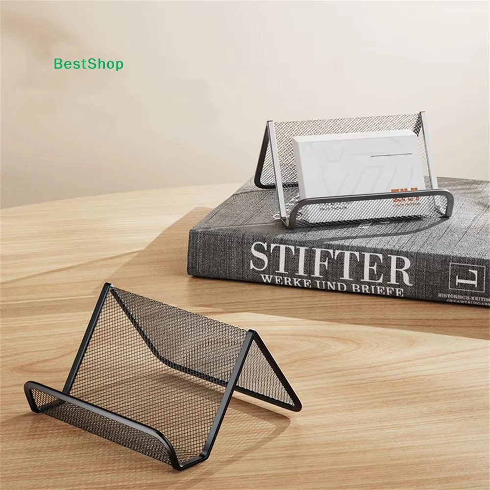 〔P〕Black/Silver Metal Mesh Business Card Holder Desktop Business Card Display Stand Box Office Cards Holder Desk Shelf Organizer