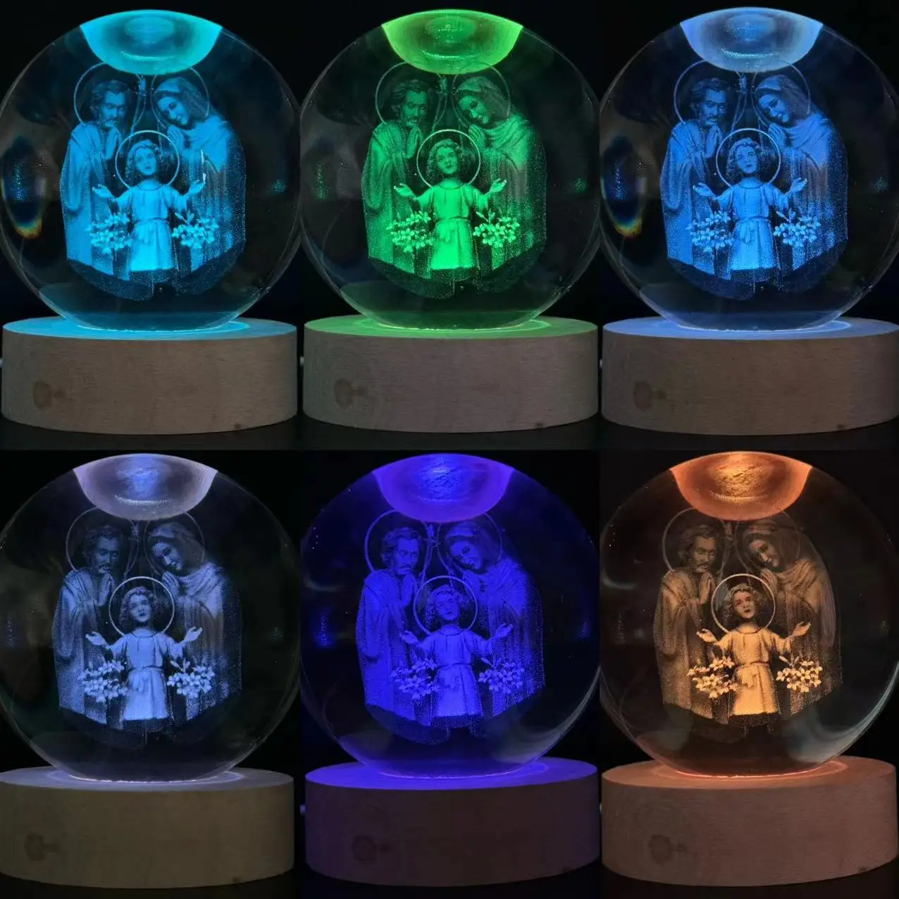 1pc,3D laser engraving family happy round ball night light, with colored light wood lamp holder, home decoration decoration, sui