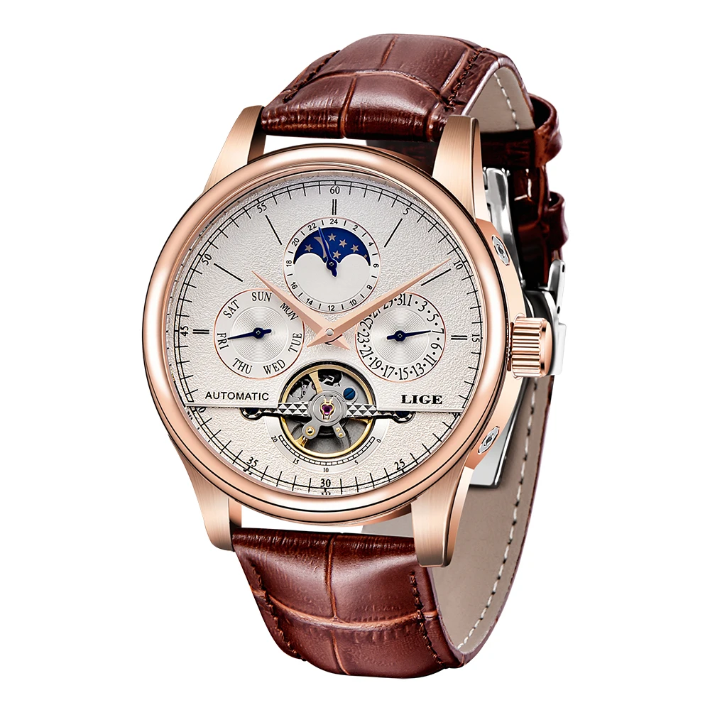 LIGE Brand Classic Mens Retro Watches Automatic Mechanical Watch Tourbillon Clock Genuine Leather Waterproof Military Wristwatch view 6
